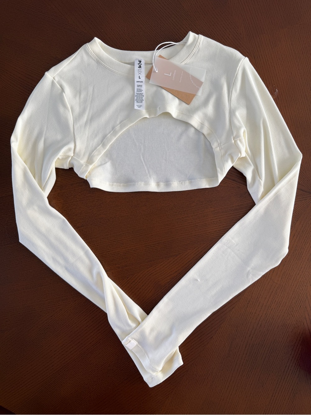 Popflex Limitless ivory ribbed open back long sleeve crop top size L NWT